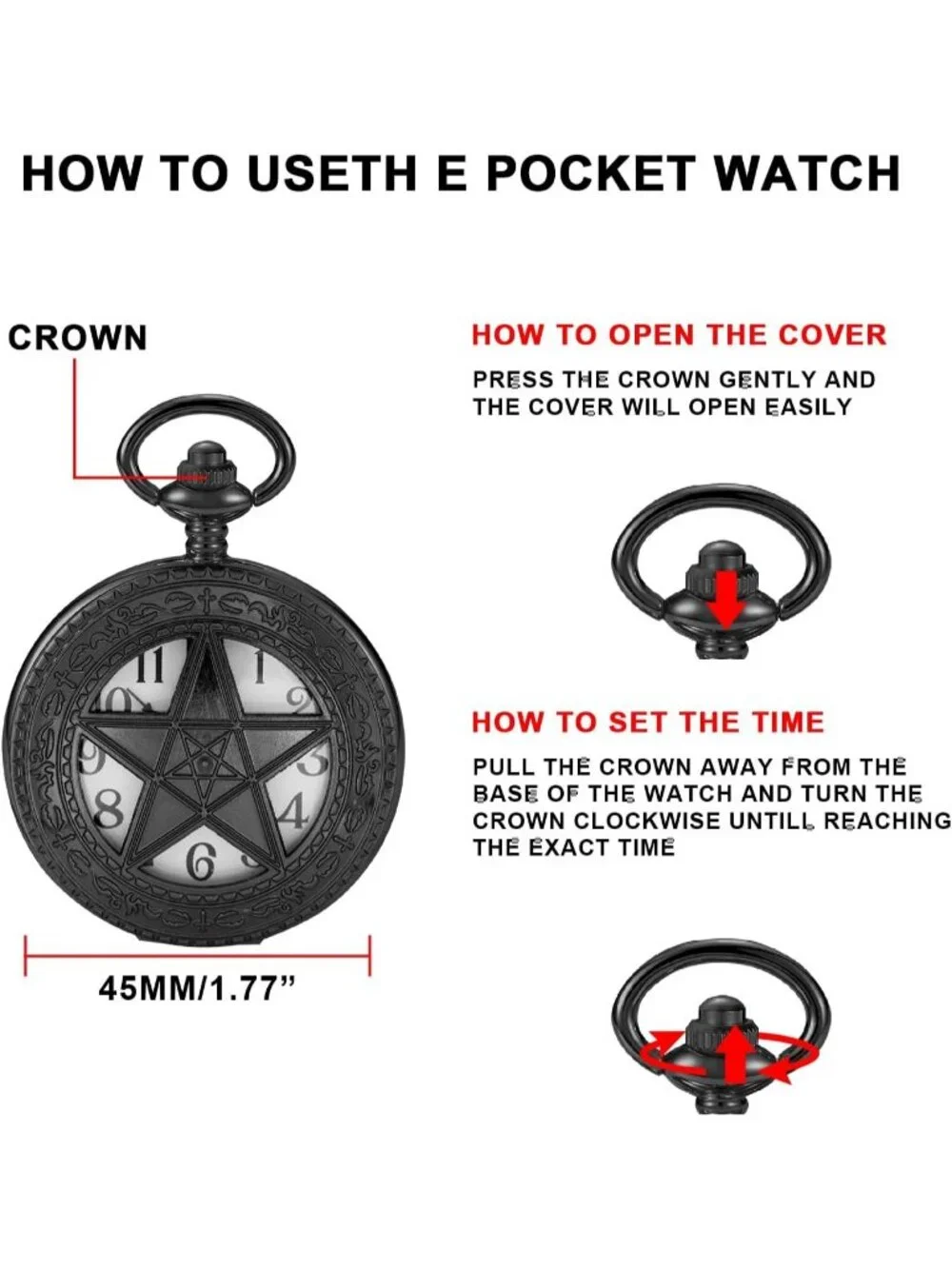 Men's Black Analog Quartz Arabic Numeral Out Pentagram Chain Dial Pocket Watch